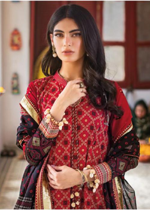 Gul Ahmed Ideas Lawn | Dark Red | Unstitched | Party wear | Printed Lawn Dupata | CL42032B
