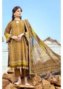 Gul Ahmed Ideas Lawn | Brown Mehndi | Unstitched | Party wear | Printed Lawn Dupata | CL42051A