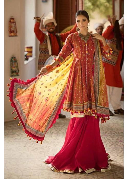 Gul Ahmed Ideas Lawn | Carrot Red | Unstitched | Party wear | Printed Lawn Dupata | CL42042B