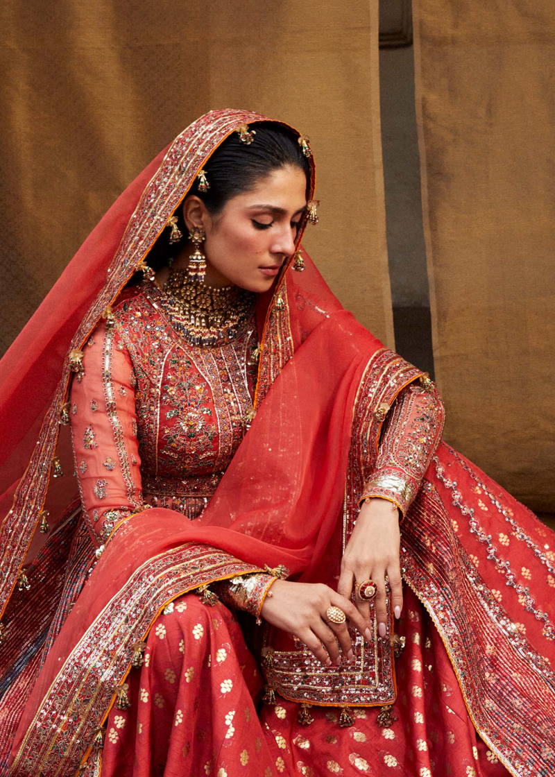 Hussain Rehar Luxury Festive | Red | Unstitched | Organza Dupatta | BULORI - Image 3