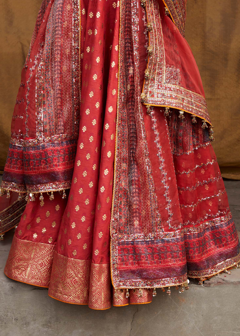 Hussain Rehar Luxury Festive | Red | Unstitched | Organza Dupatta | BULORI - Image 4