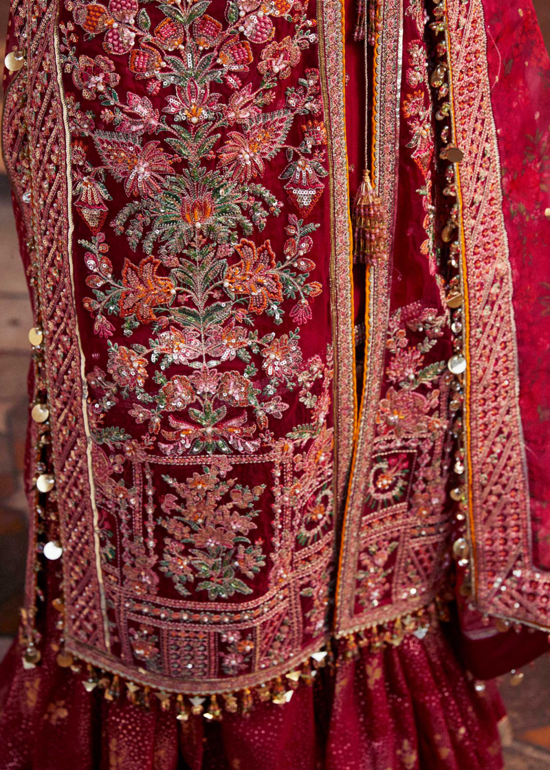 Hussain Rehar Luxury Festive | Red Maroon | Unstitched | Organza Dupatta | GULAL - Image 3