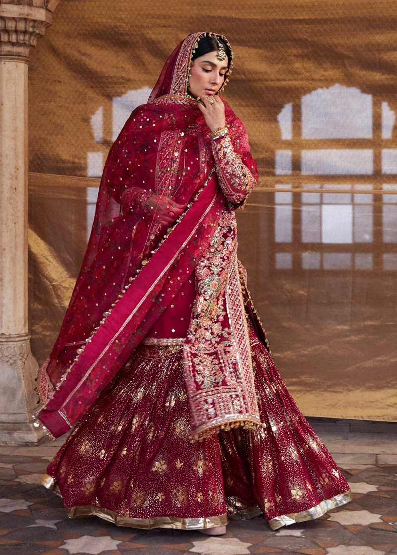 Hussain Rehar Luxury Festive | Red Maroon | Unstitched | Organza Dupatta | GULAL - Image 4