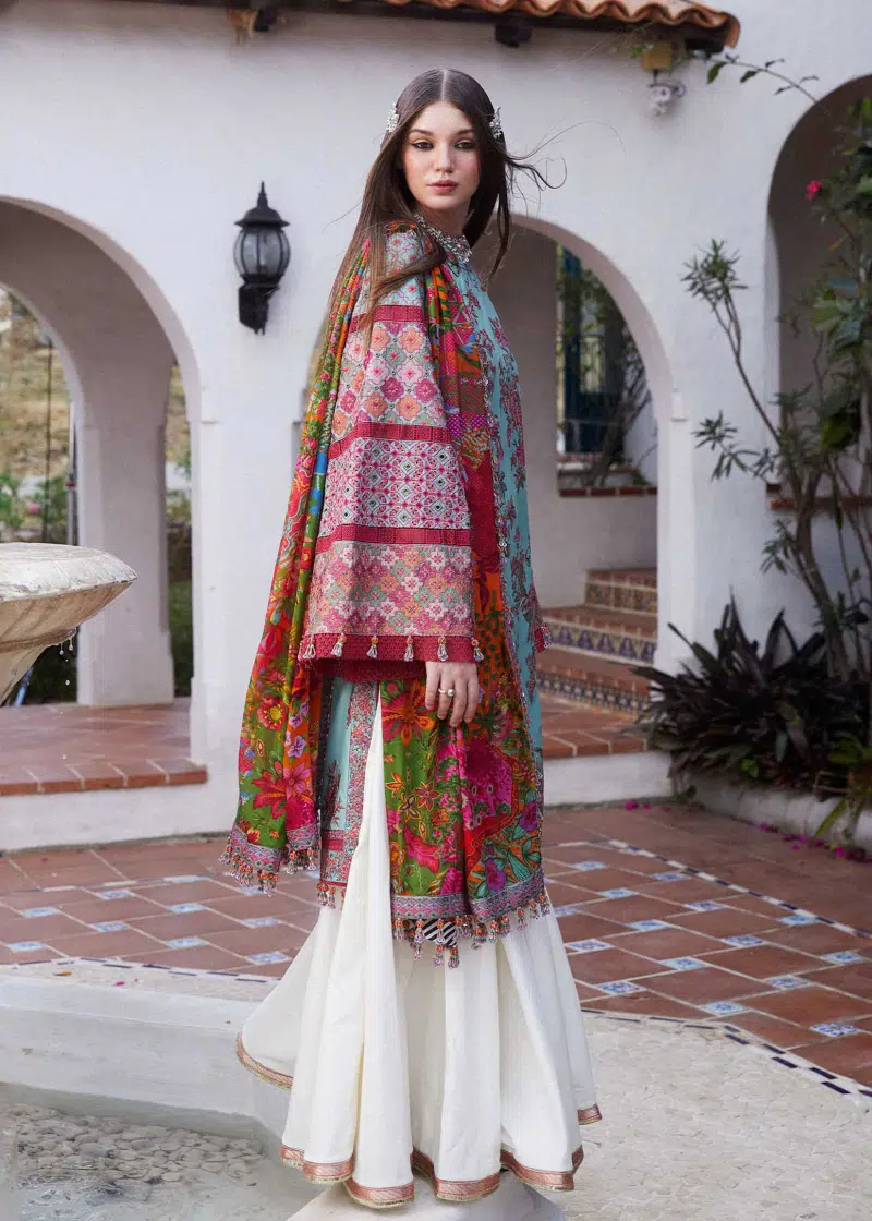 Hussain Rehar Luxury Lawn | Ice Blue | Unstitched | Feastive | Silk Dupatta | FLORET - Image 3