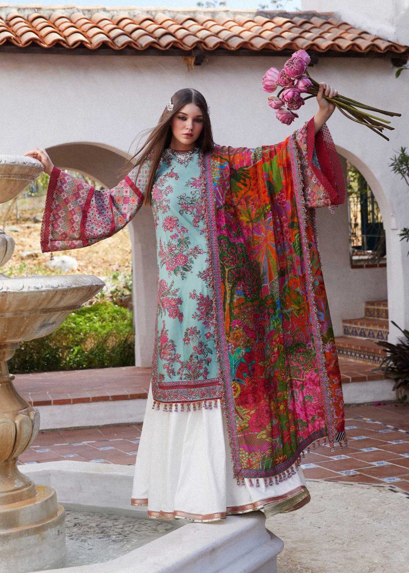 Hussain Rehar Luxury Lawn | Ice Blue | Unstitched | Feastive | Silk Dupatta | FLORET - Image 4