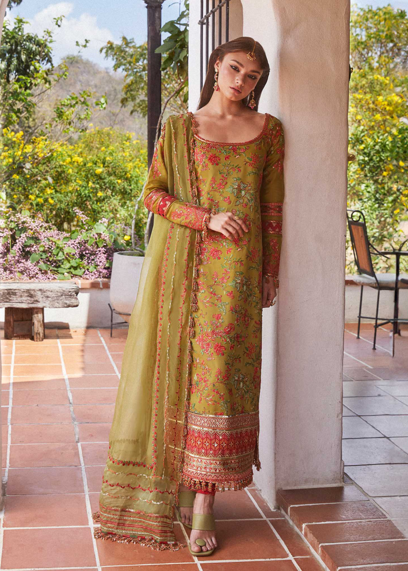 Hussain Rehar Luxury Lawn | Mehndi Green | Unstitched | Feastive | Silk Dupatta | SORBET - Image 4