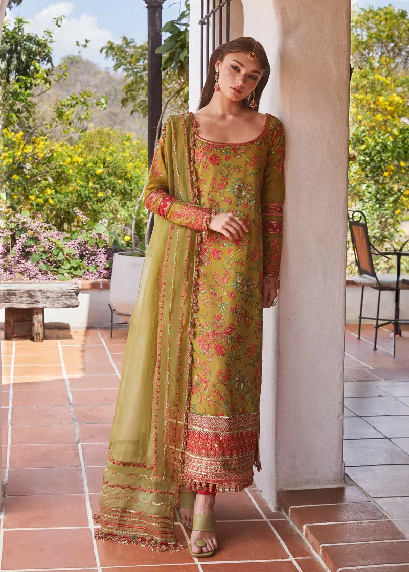 Hussain Rehar Luxury Lawn | Mehndi Green | Unstitched | Feastive | Silk Dupatta | SORBET - Image 4