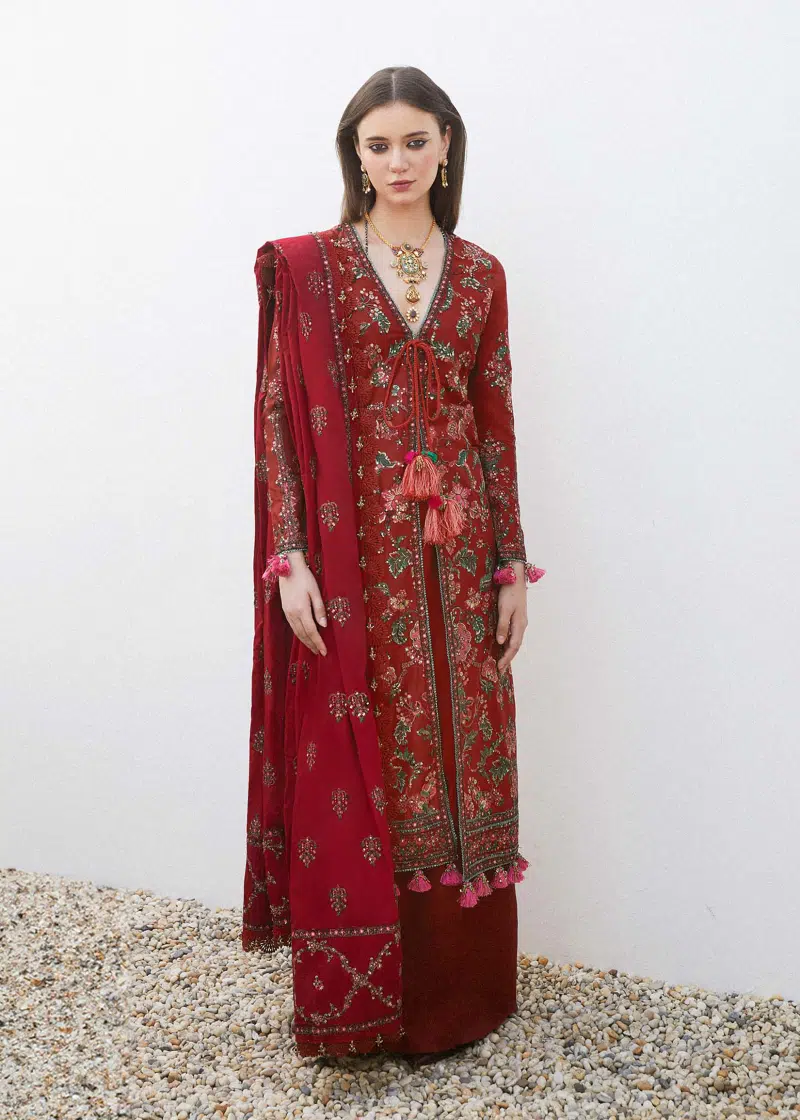 Hussain Rehar Luxury Lawn | Red | Unstitched | Feastive | Silk Dupatta | RUHI