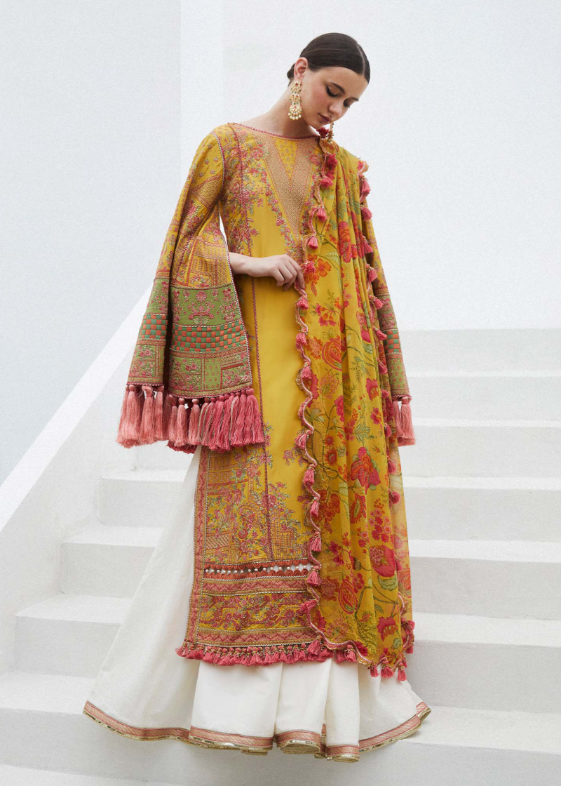 Hussain Rehar Luxury Lawn | Yellow | Unstitched | Feastive | Silk Dupatta | EUPHORIA - Image 2