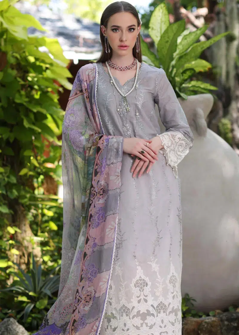 Noor By Saadia Luxe Chikankari Lawn | Grey | Unstitched | Party Wear | Chiffon Dupatta | 1B - Image 2