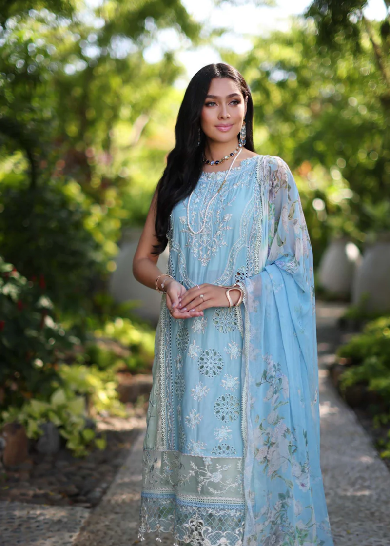 Noor By Saadia Luxe Chikankari Lawn | Sky Blue | Unstitched | Party Wear | Chiffon Dupatta | 2A - Image 2