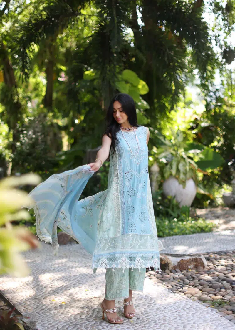 Noor By Saadia Luxe Chikankari Lawn | Sky Blue | Unstitched | Party Wear | Chiffon Dupatta | 2A - Image 3