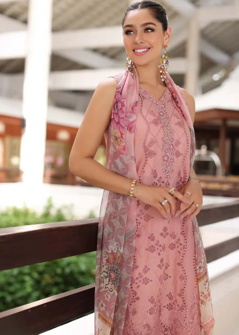 Noor By Saadia Luxe Chikankari Lawn | Peach Pink | Unstitched | Party Wear | Chiffon Dupatta | 4B - Image 3