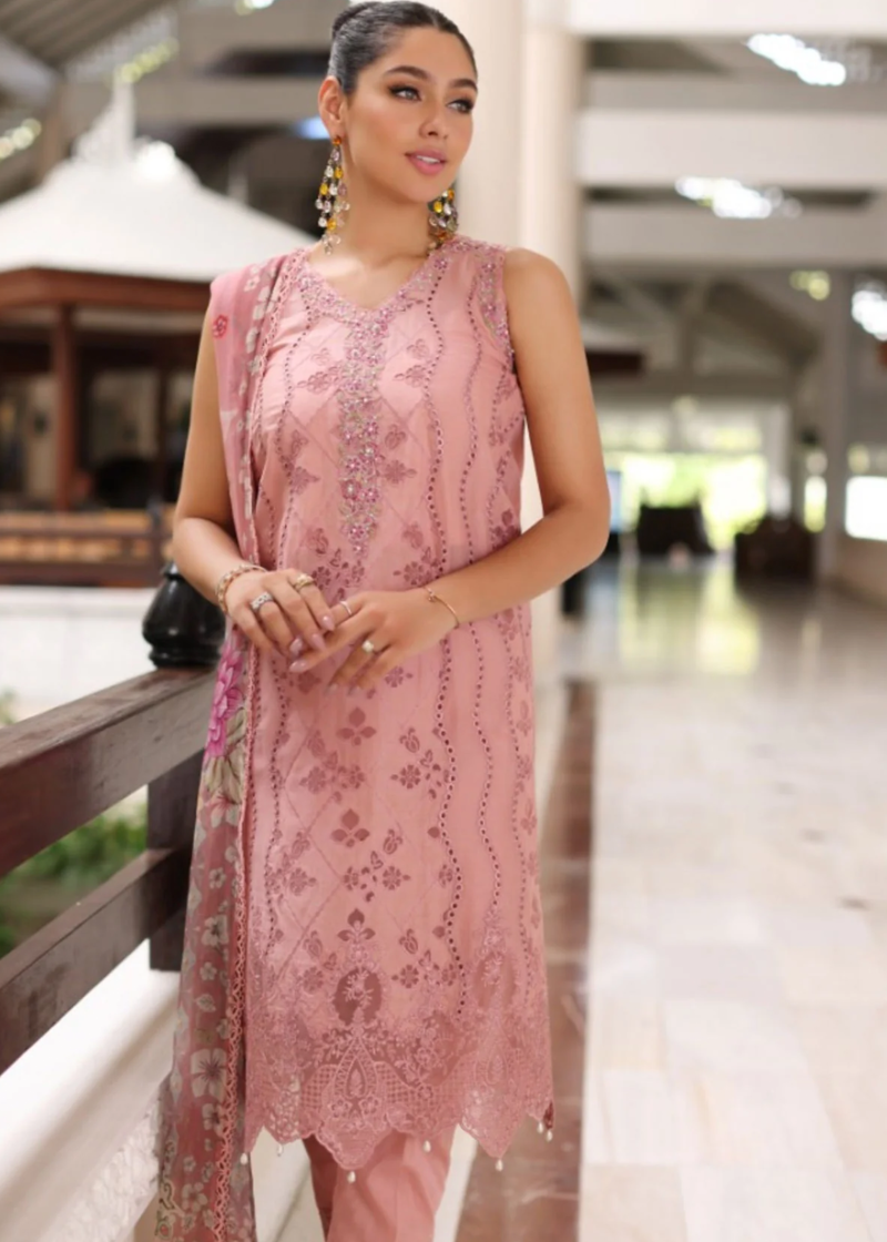Noor By Saadia Luxe Chikankari Lawn | Peach Pink | Unstitched | Party Wear | Chiffon Dupatta | 4B - Image 4