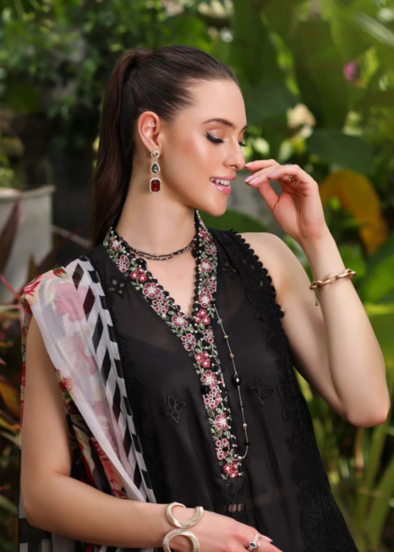 Noor By Saadia Luxe Chikankari Lawn | Black | Unstitched | Party Wear | Chiffon Dupatta | 6A - Image 3