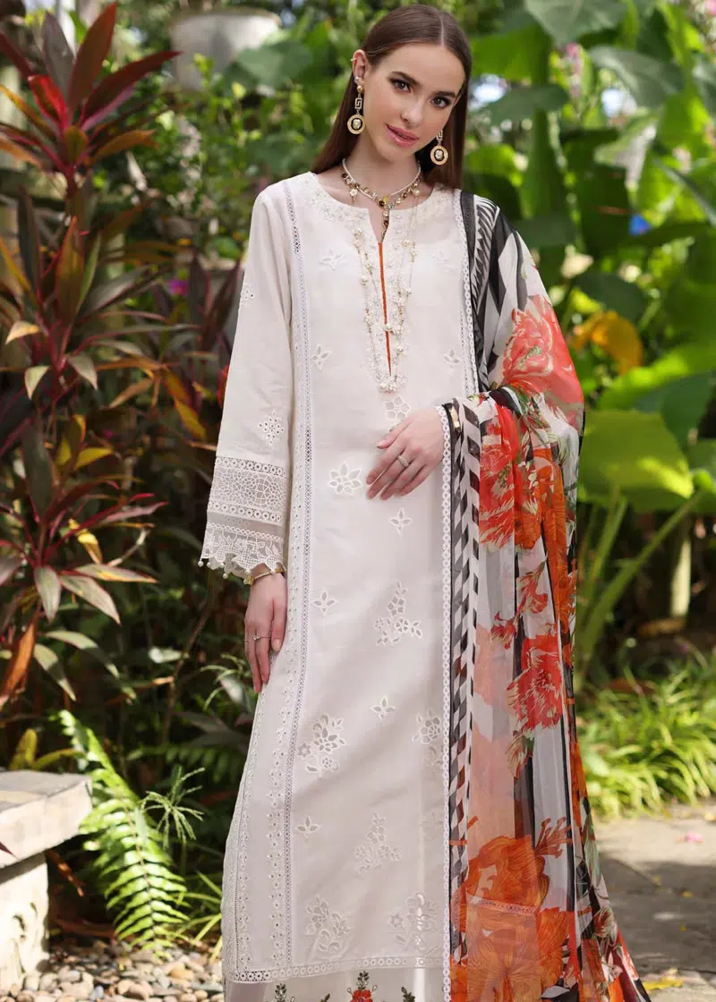 Noor By Saadia Luxe Chikankari Lawn | White | Unstitched | Party Wear | Chiffon Dupatta | 6B - Image 3