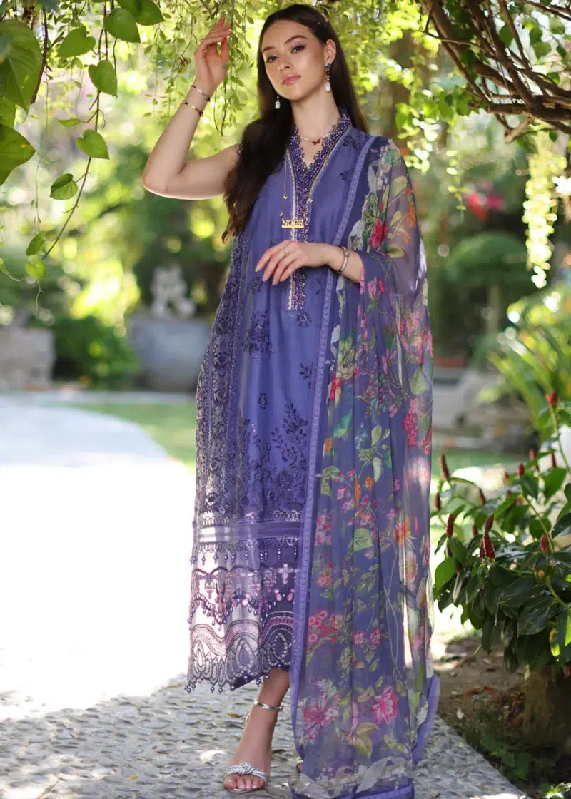 Noor By Saadia Luxe Chikankari Lawn | Blue | Unstitched | Party Wear | Chiffon Dupatta | 8A - Image 3
