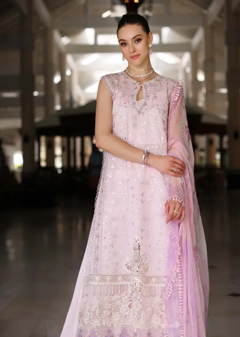 Noor By Saadia Luxe Chikankari Lawn | Baby Pink | Unstitched | Party Wear | Chiffon Dupatta | 11A - Image 2