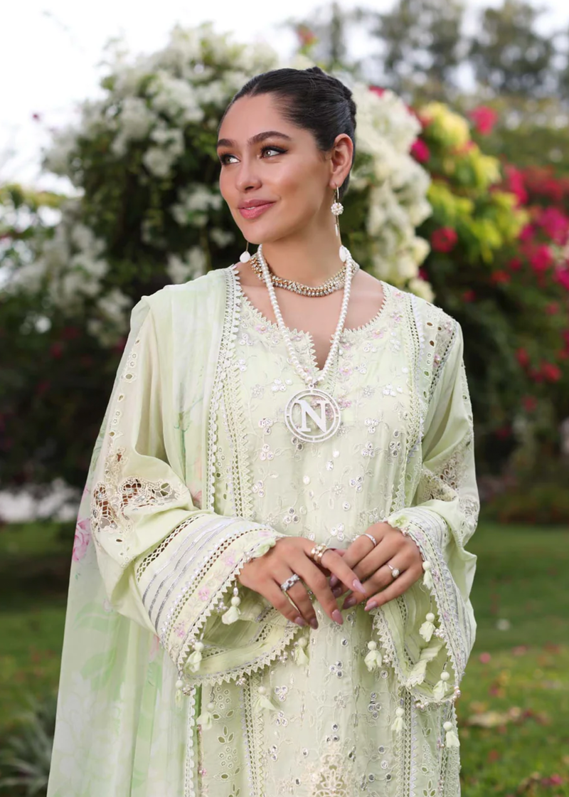 Noor By Saadia Luxe Chikankari Lawn | Lemon Green | Unstitched | Party Wear | Chiffon Dupatta | 11B - Image 2