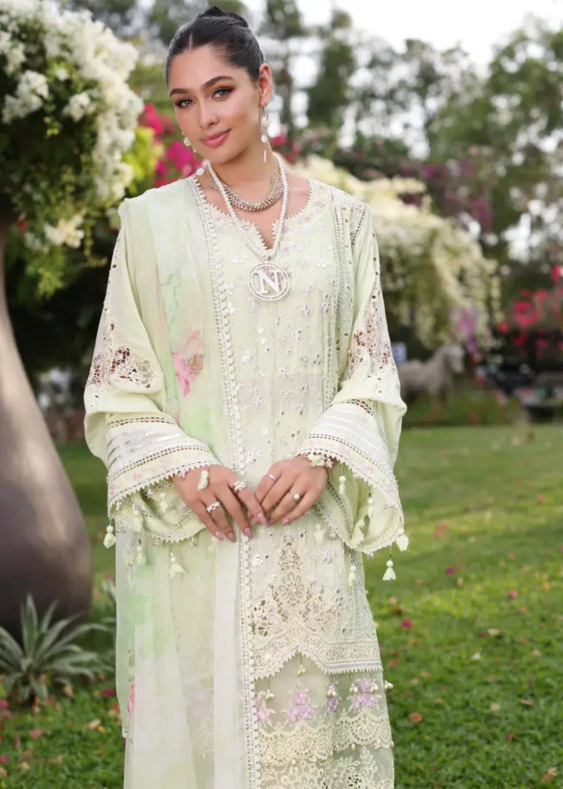 Noor By Saadia Luxe Chikankari Lawn | Lemon Green | Unstitched | Party Wear | Chiffon Dupatta | 11B - Image 3