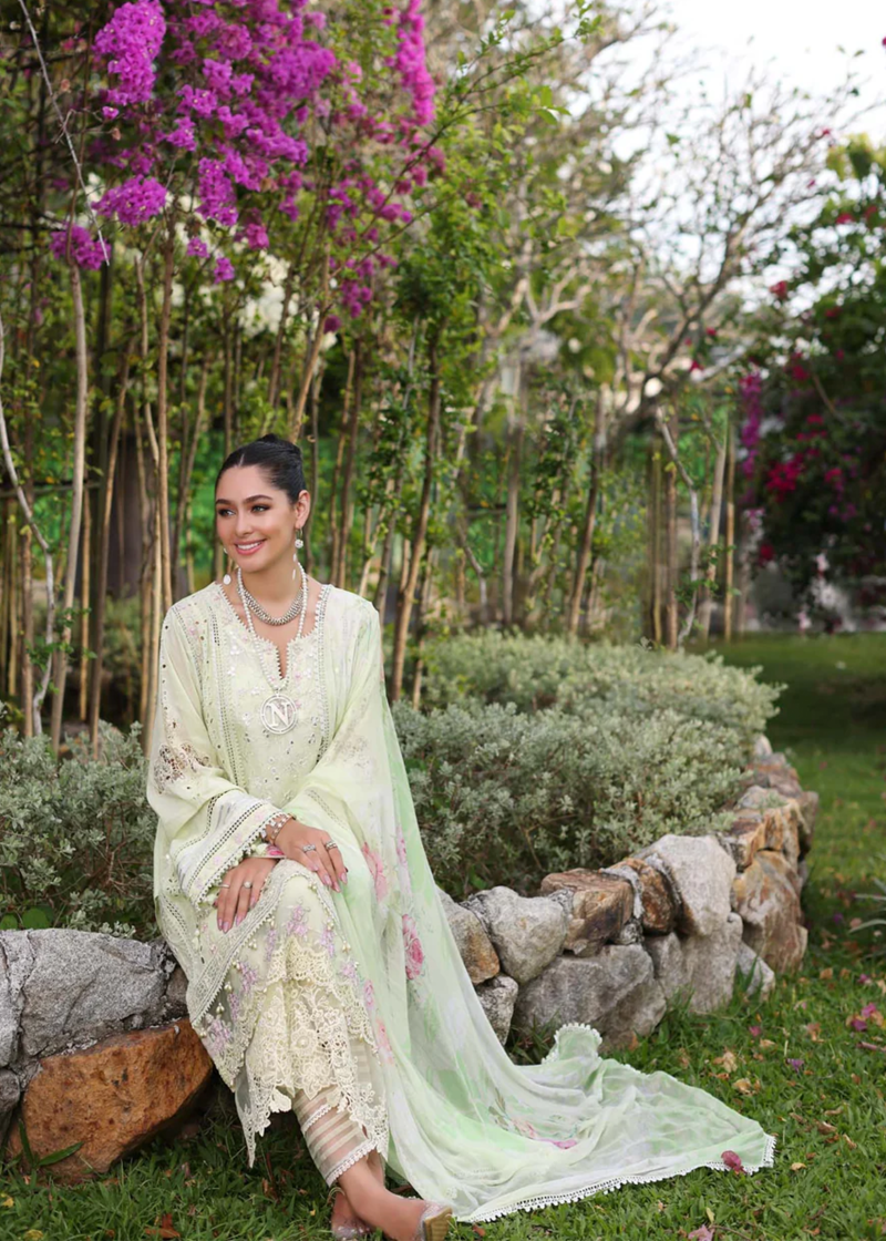 Noor By Saadia Luxe Chikankari Lawn | Lemon Green | Unstitched | Party Wear | Chiffon Dupatta | 11B - Image 4