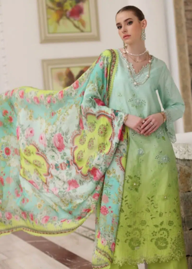 Noor By Saadia Luxe Chikankari Lawn | Neon Green | Unstitched | Party Wear | Chiffon Dupatta | 5A - Image 3