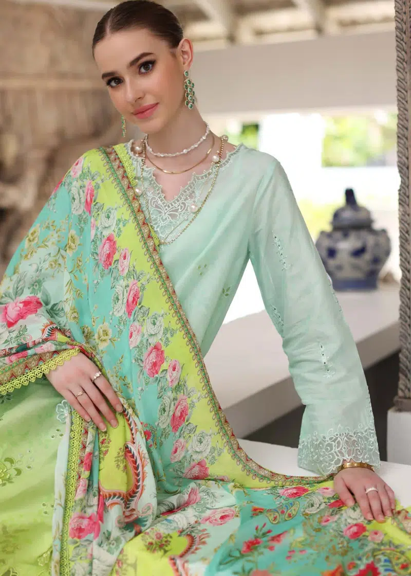 Noor By Saadia Luxe Chikankari Lawn | Neon Green | Unstitched | Party Wear | Chiffon Dupatta | 5A - Image 4