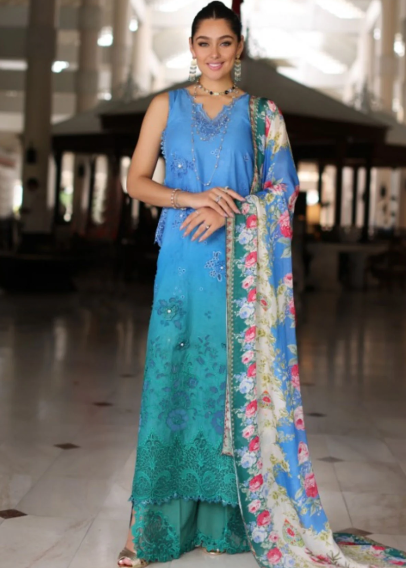 Noor By Saadia Luxe Chikankari Lawn | Neon Blue | Unstitched | Party Wear | Chiffon Dupatta | 5B - Image 3
