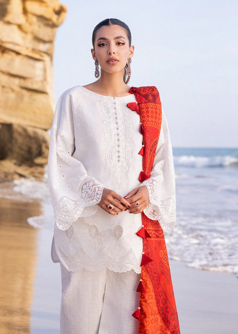 Zainab Chottani Chickankari Luxury Lawn | Off White | Unstitched | Party wear | Embroidered Digital Printed Dupatta on Chiffon | CHUNARI - 3A - Image 3