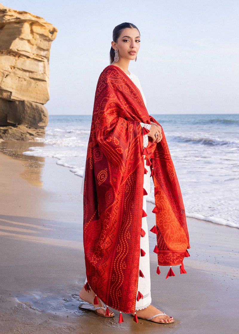 Zainab Chottani Chickankari Luxury Lawn | Off White | Unstitched | Party wear | Embroidered Digital Printed Dupatta on Chiffon | CHUNARI - 3A - Image 4