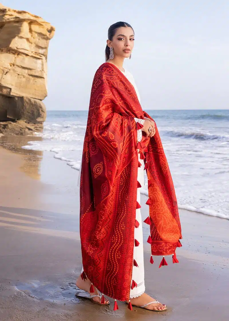 Zainab Chottani Chickankari Luxury Lawn | Off White | Unstitched | Party wear | Embroidered Digital Printed Dupatta on Chiffon | CHUNARI - 3A - Image 4