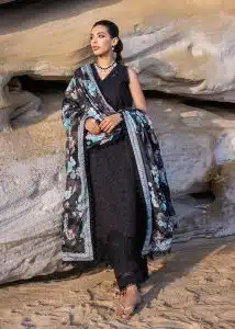 Zainab Chottani Chickankari Luxury Lawn | Black | Unstitched | Party wear | Embroidered Digital Printed Dupatta on Chiffon | KANZA ? 5B