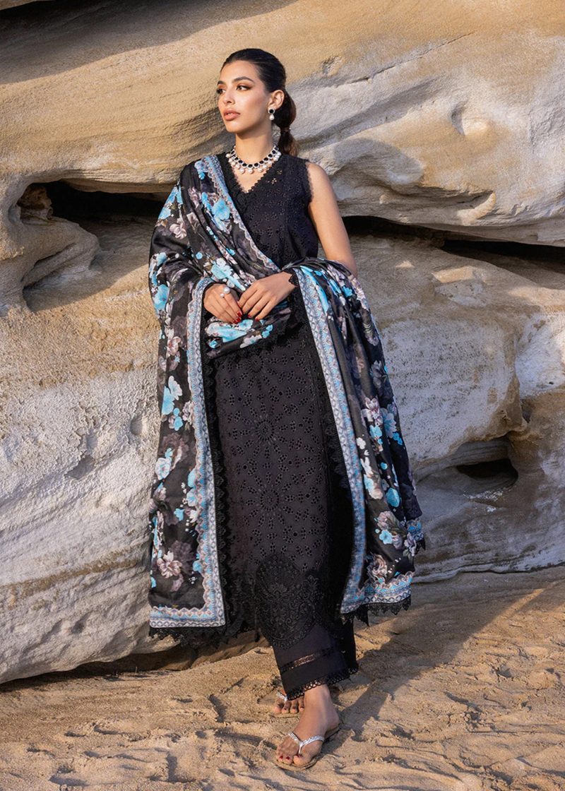 Zainab Chottani Chickankari Luxury Lawn | Black | Unstitched | Party wear | Embroidered Digital Printed Dupatta on Chiffon | KANZA ? 5B