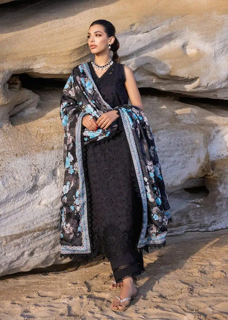 Zainab Chottani Chickankari Luxury Lawn | Black | Unstitched | Party wear | Embroidered Digital Printed Dupatta on Chiffon | KANZA ? 5B