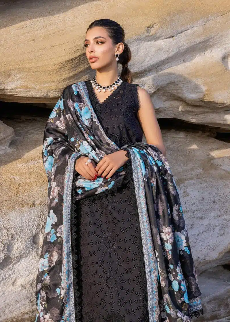 Zainab Chottani Chickankari Luxury Lawn | Black | Unstitched | Party wear | Embroidered Digital Printed Dupatta on Chiffon | KANZA ? 5B - Image 2
