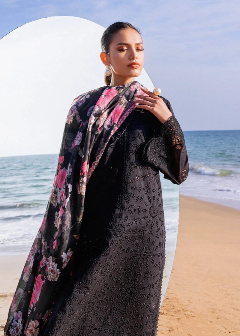 Zainab Chottani Chickankari Luxury Lawn | Z Black | Unstitched | Party wear | Embroidered Digital Printed Dupatta on Chiffon | KANZA ? 5A - Image 3