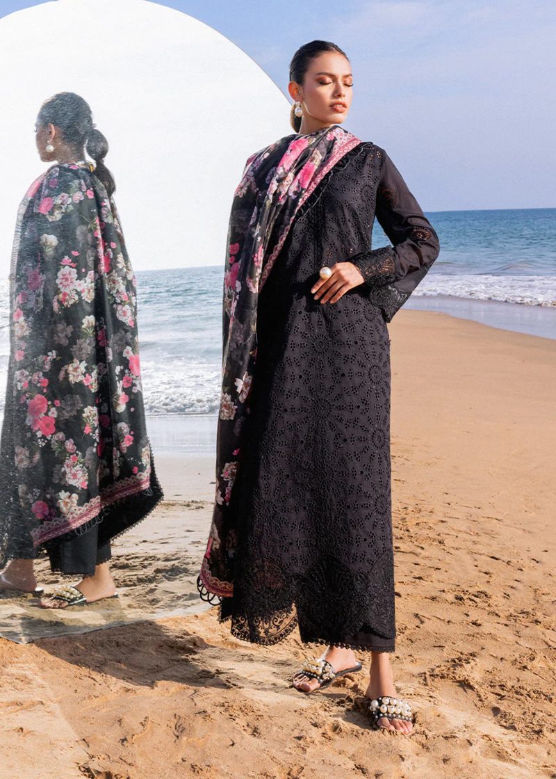 Zainab Chottani Chickankari Luxury Lawn | Z Black | Unstitched | Party wear | Embroidered Digital Printed Dupatta on Chiffon | KANZA ? 5A - Image 4