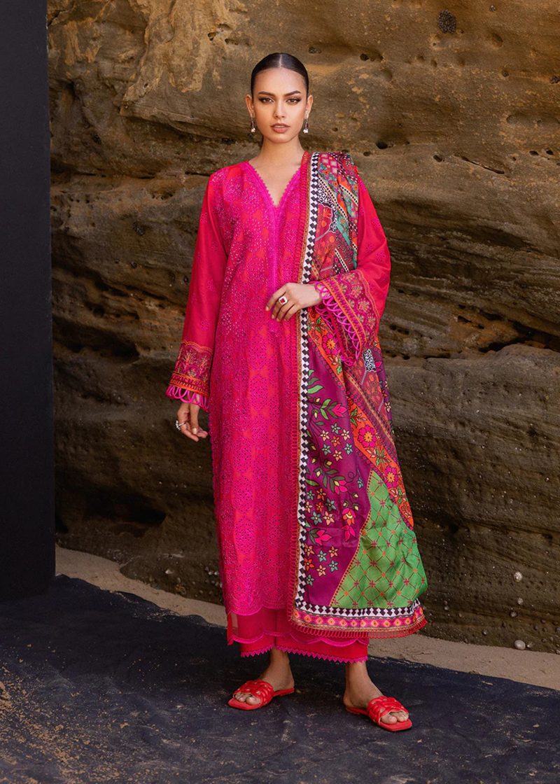 Zainab Chottani Chickankari Luxury Lawn | Red | Unstitched | Party wear | Embroidered Digital Printed Dupatta on Chiffon | LAALI - 6B - Image 2