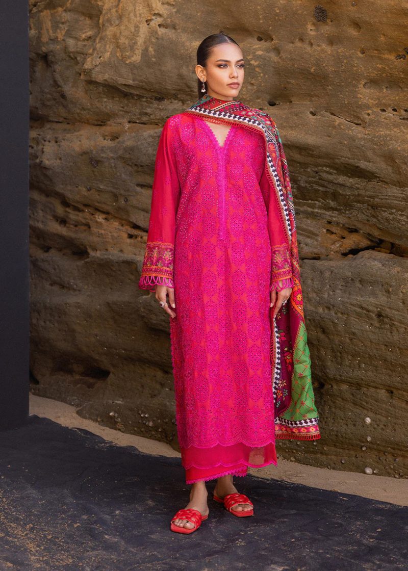 Zainab Chottani Chickankari Luxury Lawn | Red | Unstitched | Party wear | Embroidered Digital Printed Dupatta on Chiffon | LAALI - 6B - Image 3