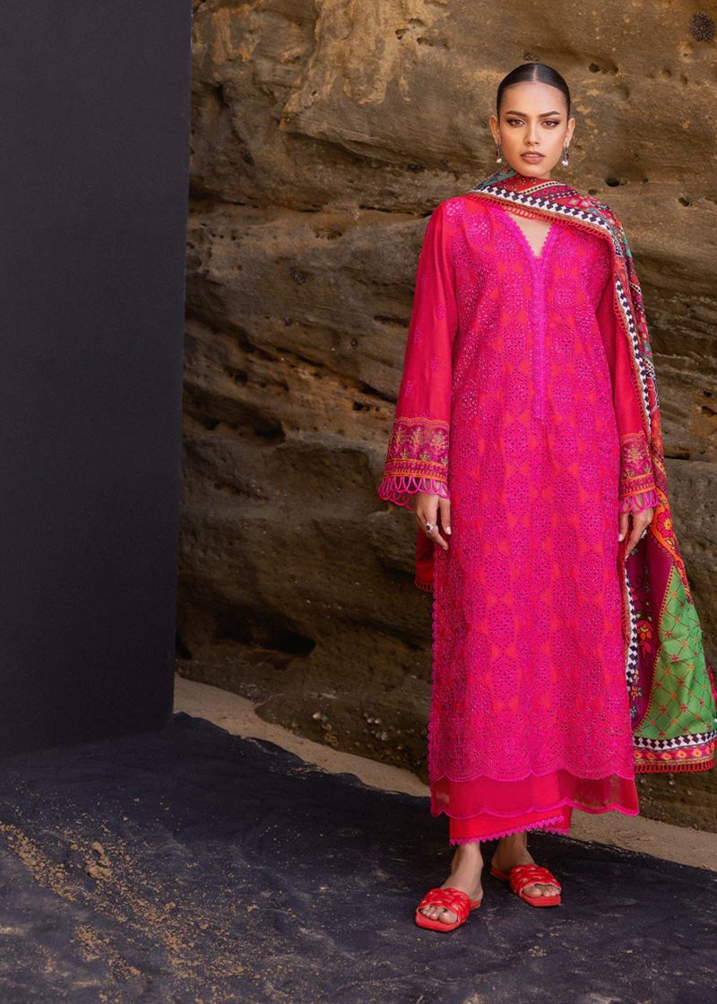 Zainab Chottani Chickankari Luxury Lawn | Red | Unstitched | Party wear | Embroidered Digital Printed Dupatta on Chiffon | LAALI - 6B - Image 4