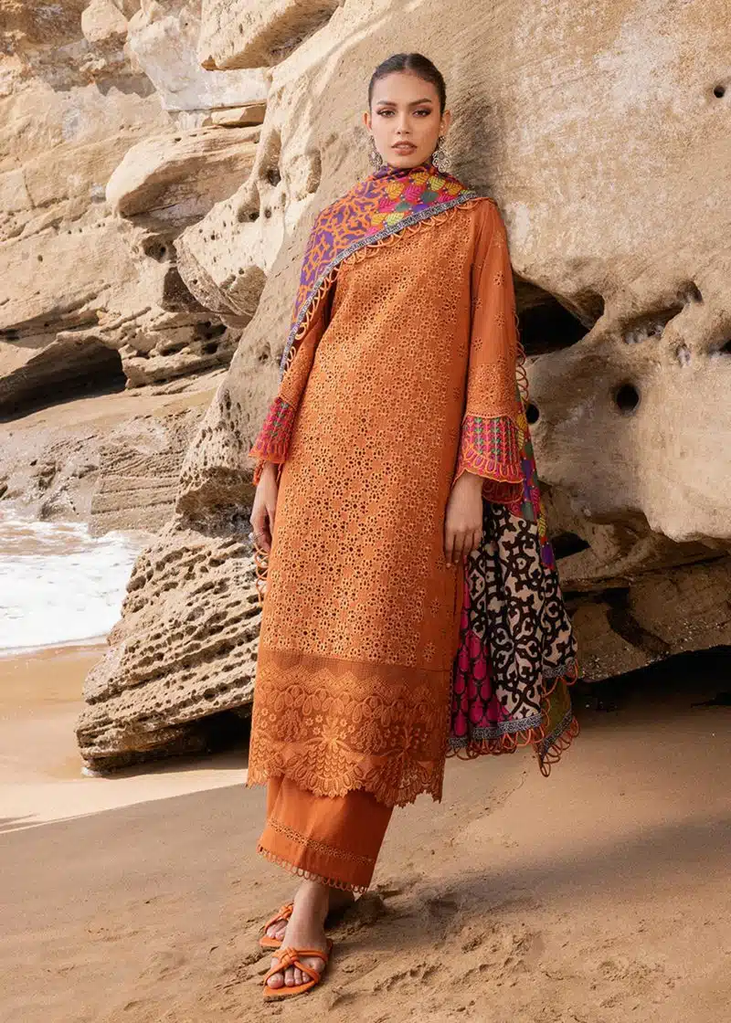 Zainab Chottani Chickankari Luxury Lawn | Mustard | Unstitched | Party wear | embroidered Digital Printed Dupatta on Chiffon | NAYSA - 4A - Image 4