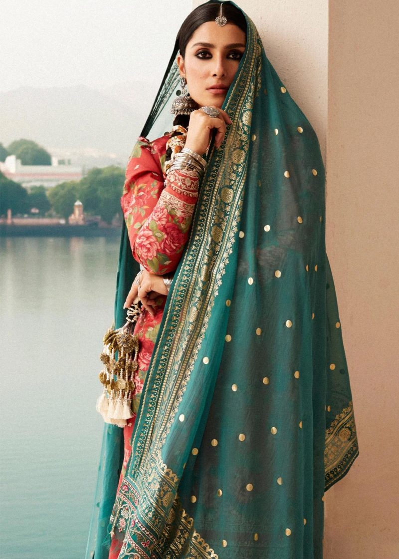 Zara Shahjahan Lawn | Orange | Unstitched | Wedding wear | embroidered Organza Dupatta | PHOOL KARI-13B - Image 4