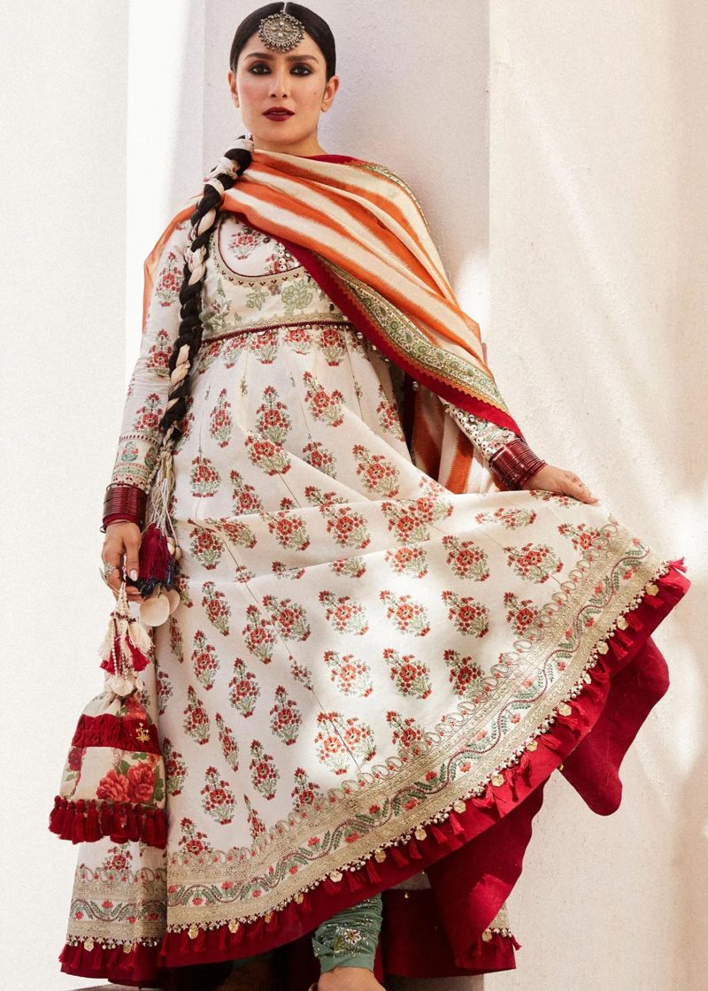 Zara Shahjahan Lawn | Cream | Unstitched | Wedding wear | embroidered Organza Dupatta | ANARKALI-11B - Image 3