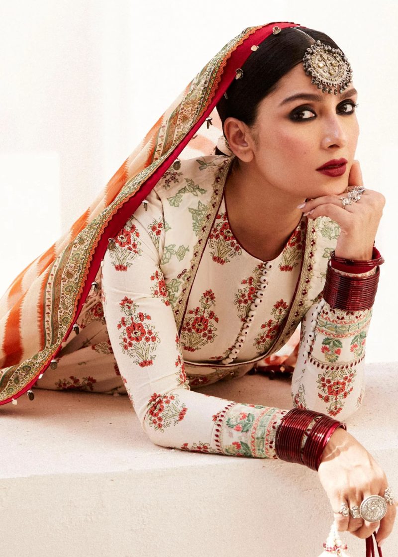 Zara Shahjahan Lawn | Cream | Unstitched | Wedding wear | embroidered Organza Dupatta | ANARKALI-11B - Image 4