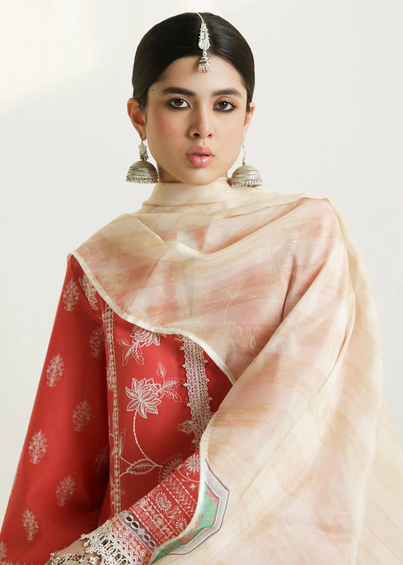 Zara Shahjahan Lawn | Light Orange | Unstitched | Wedding wear | embroidered Organza Dupatta | MAHI-1A - Image 2