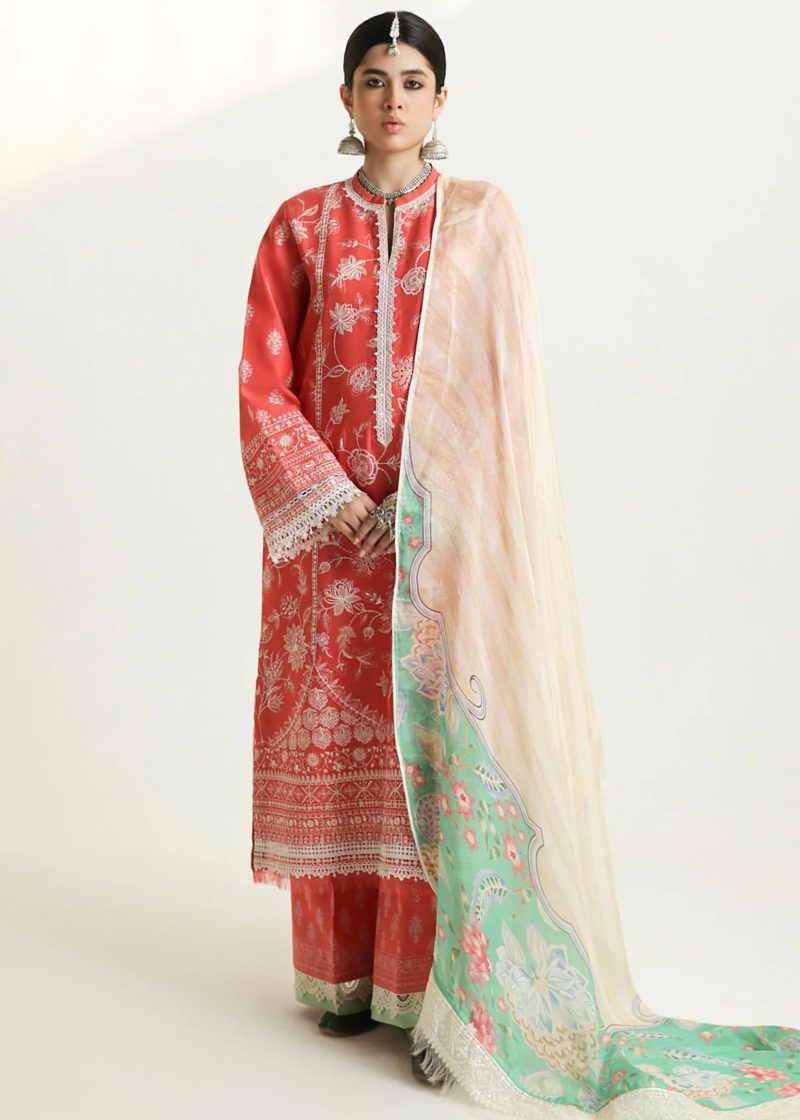 Zara Shahjahan Lawn | Light Orange | Unstitched | Wedding wear | embroidered Organza Dupatta | MAHI-1A - Image 3
