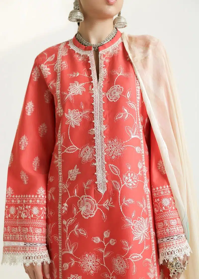 Zara Shahjahan Lawn | Light Orange | Unstitched | Wedding wear | embroidered Organza Dupatta | MAHI-1A - Image 4
