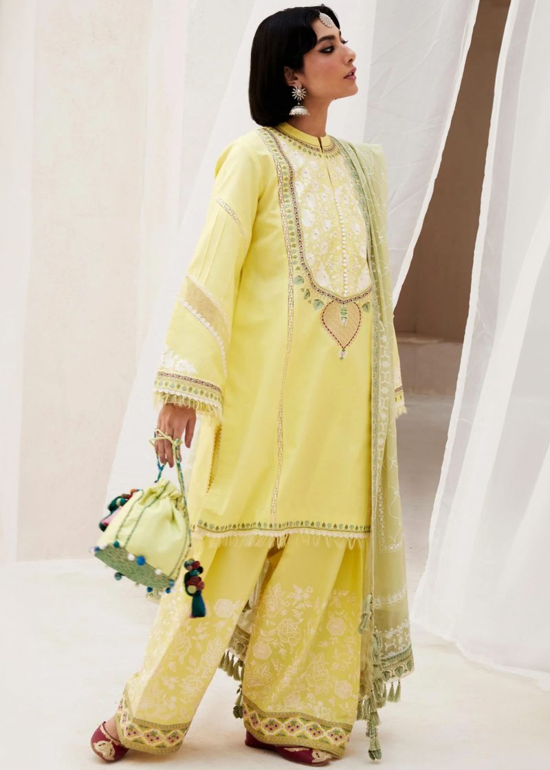 Zara Shahjahan Lawn | Yellow | Unstitched | Wedding wear | embroidered Organza Dupatta | DILARA-15A - Image 2