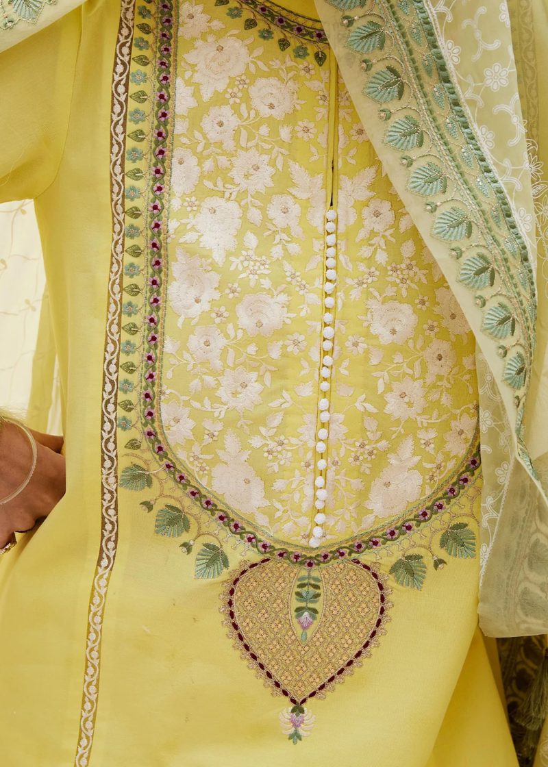 Zara Shahjahan Lawn | Yellow | Unstitched | Wedding wear | embroidered Organza Dupatta | DILARA-15A - Image 3
