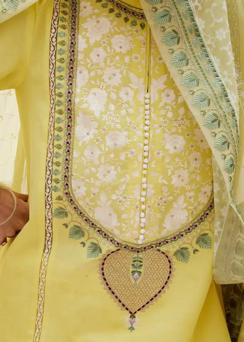 Zara Shahjahan Lawn | Yellow | Unstitched | Wedding wear | embroidered Organza Dupatta | DILARA-15A - Image 3